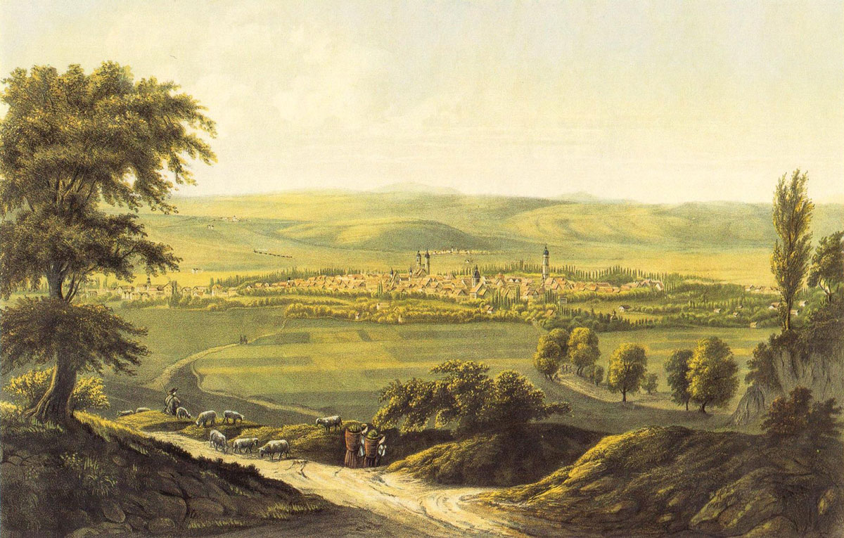 Blick auf die Stadt vom Hainberg. kolorierte Lithographie um 1860, wohl von Heinrich Martin Grape.#Städtisches Museum Göttingen, Inv.Nr. 1929/199.