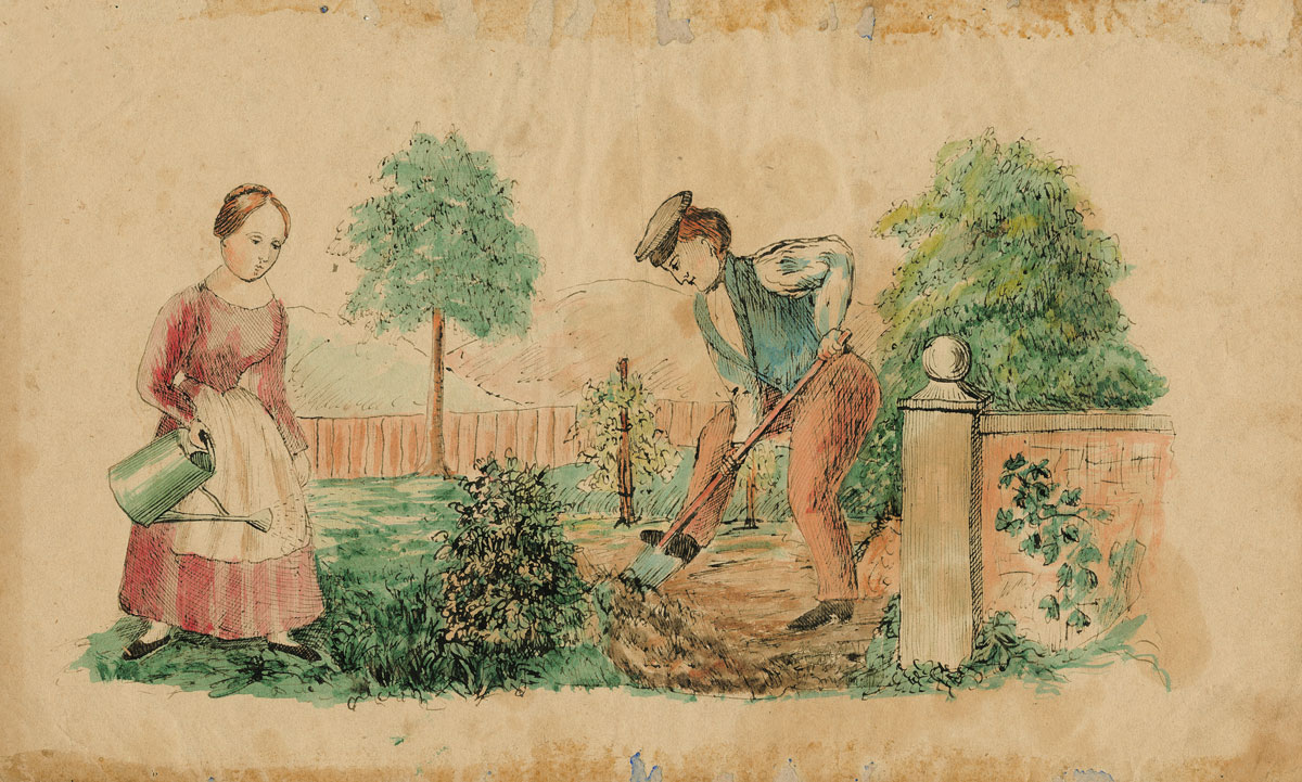 Bei der Gartenarbeit. Kolorierte Federzeichnung von Jonas Breitenstein.#Ortsmuseum Binningen.